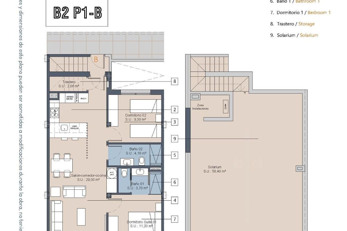 Gedetailleerde plattegrond van een bungalow met 2 slaapkamers in Los Alcazares, met uitgelichte ruimtes.