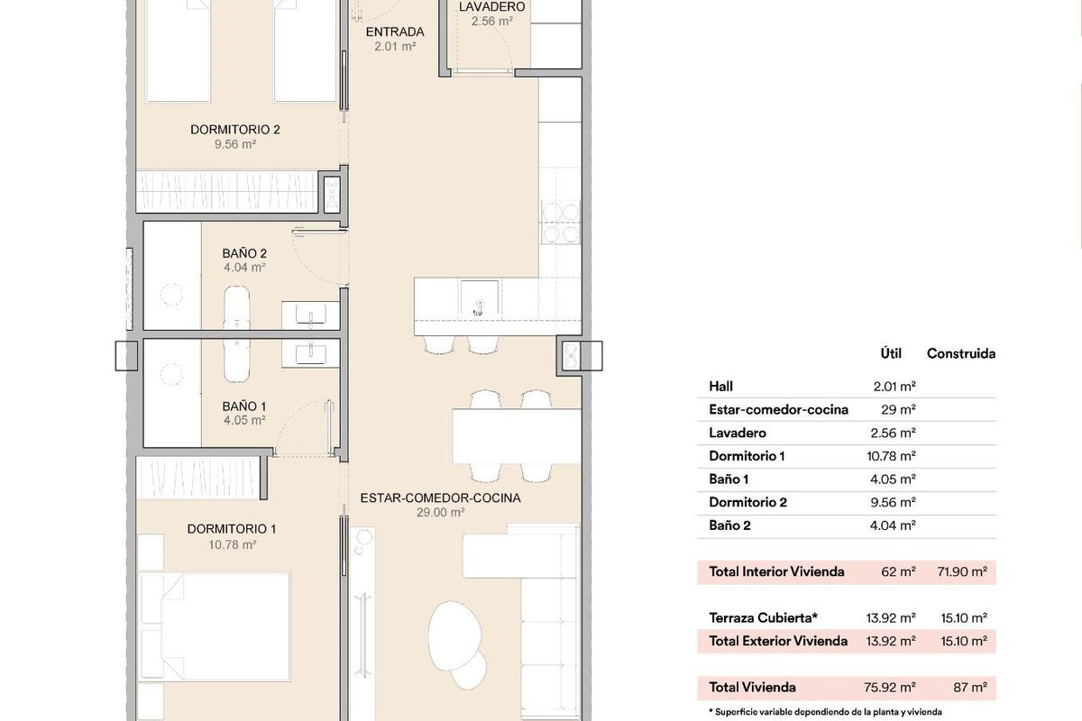 Gedetailleerde plattegrond van het 2-slaapkamer appartement op de begane grond in La Nucia, Costa Blanca Noord.