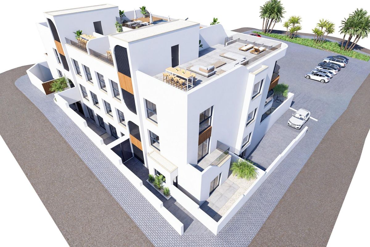 Gedetailleerd bovenaanzicht van een modern appartementcomplex met buitenruimtes in Benijofar, Costa Blanca Zuid, Spanje.