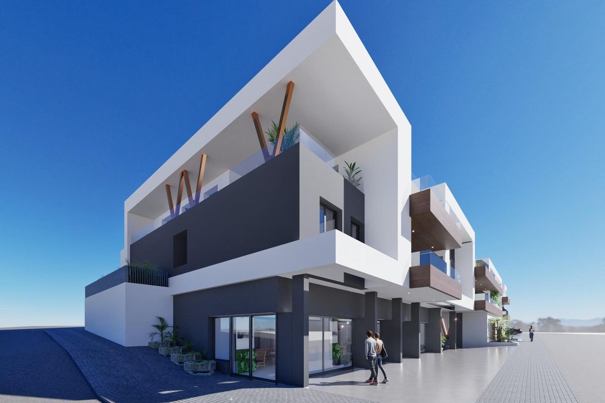 Eigentijdse ingangzicht van het appartement, met een uitnodigende façade in Benijofar.