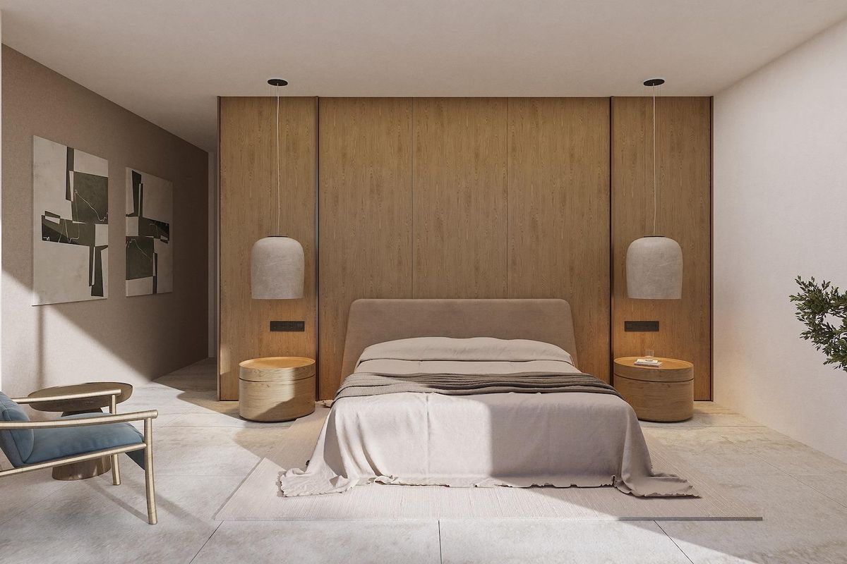 Stijlvolle slaapkamer met modern interieur in een 4-slaapkamer villa gelegen in Benissa, Costa Blanca Noord.