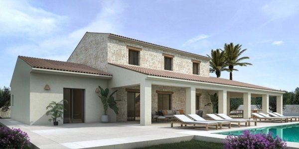Buitenkant van een 4-slaapkamer villa in Moraira, Costa Blanca, met zwembad en lounge onder palmbomen.