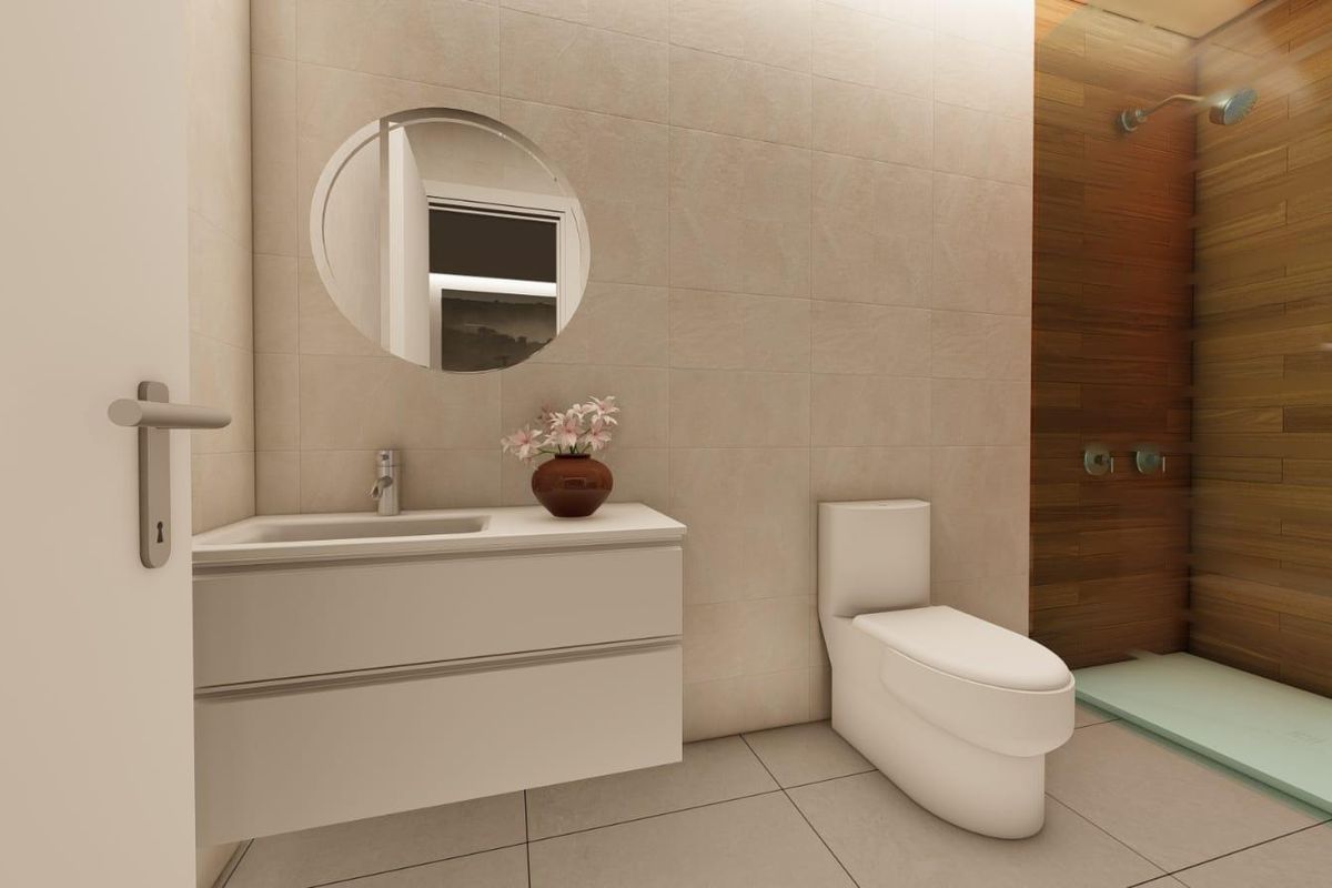 Stijlvolle badkamer met moderne voorzieningen en houten accenten in een 3-slaapkamer villa, gelegen in Daya Nueva, Costa Blanca.