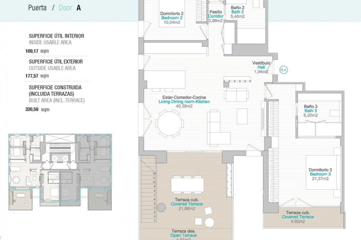 Plattegrond van een luxe penthouse met drie slaapkamers en ruime woonruimtes in Calpe, Costa Blanca.