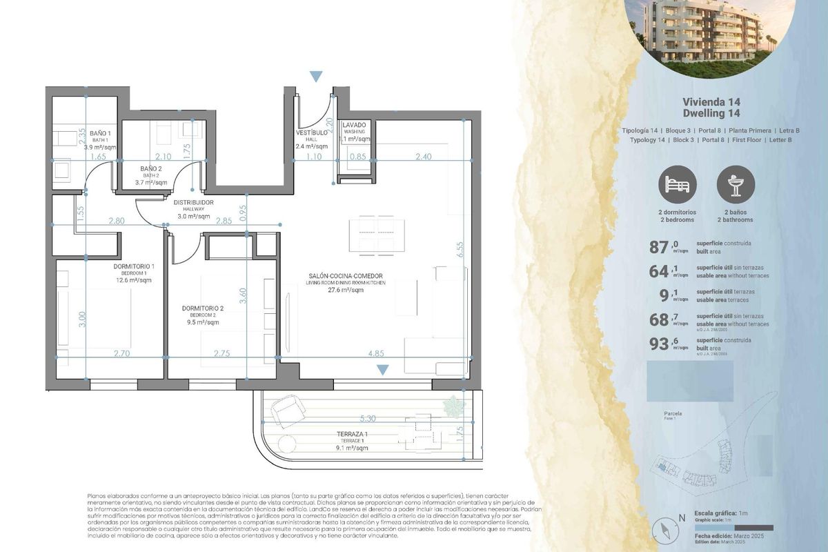 Plattegrond van een appartement met 2 slaapkamers in Mijas, Costa del Sol, met een ruime indeling en afmetingen.