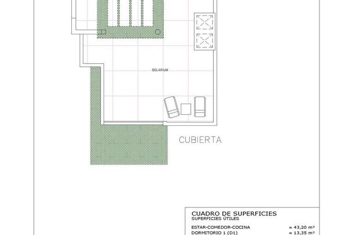 Tweede verdieping plattegrond van een 2-slaapkamer villa met indeling van buitenruimte in Cartagena, Costa Calida.