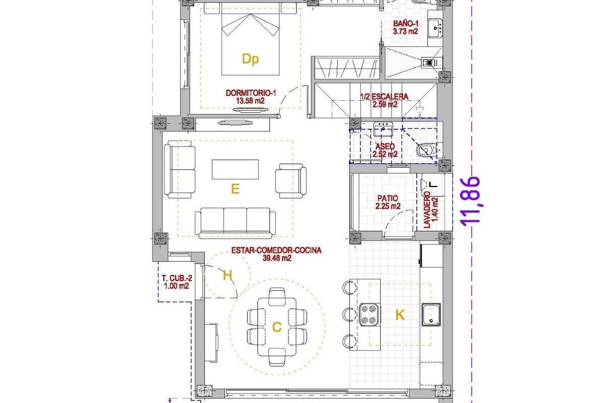 Plattegrond van de indeling van een 3-slaapkamer villa in Finestrat, detail van de begane grond.