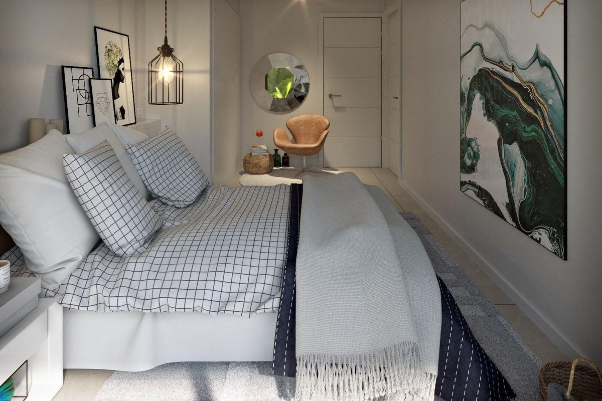 Gezellige slaapkamer in een 2-slaapkamer appartement op de begane grond, met stijlvolle decoraties in San Juan, Alicante.