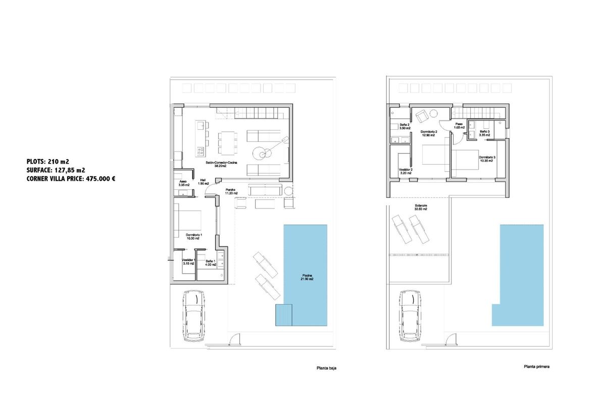 Gedetailleerde plattegrond van een 3-slaapkamer villa, die de indeling en afmetingen in San Javier, Costa Calida toont.