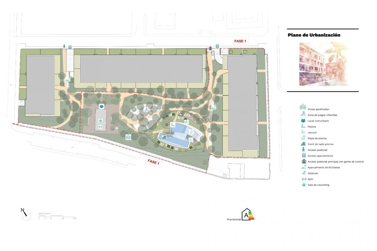 Detailed floor plan for a new development project in Denia with landscaped areas.