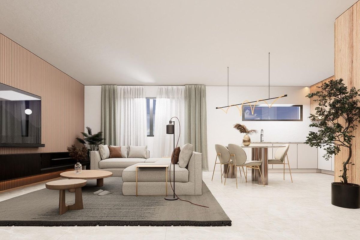 Moderne woonkamer met elegante meubels en eetruimte in een 3-slaapkamer appartement in Pilar de La Horadada, Costa Blanca Zuid.