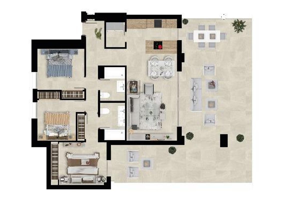 Plattegrondlay-out van een ruim 3-slaapkamer appartement in Mijas, Costa del Sol.