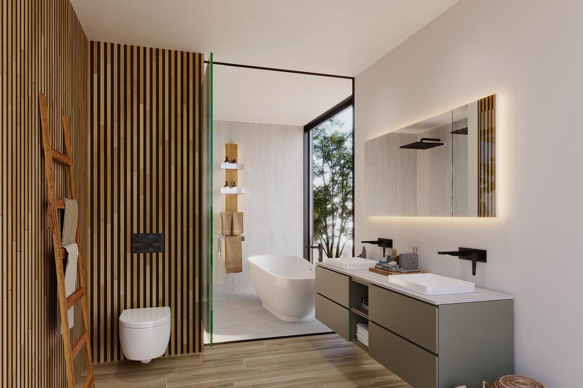 Elegant badkamerontwerp met natuurlijk licht en moderne armaturen in Marbella villa.