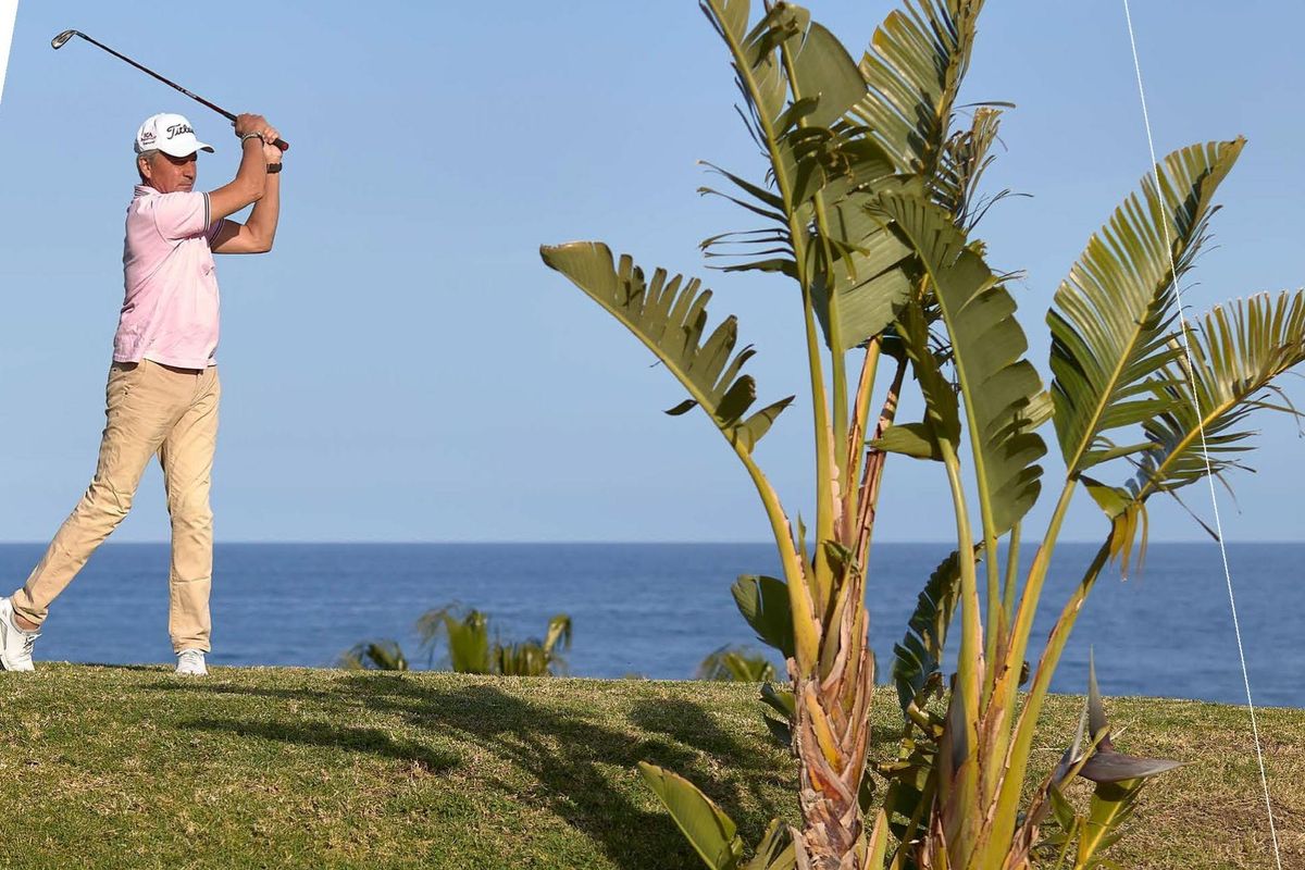 Man die golf speelt nabij de kust in Mojacar, met schilderachtige palmbomen en oceaan op de achtergrond.
