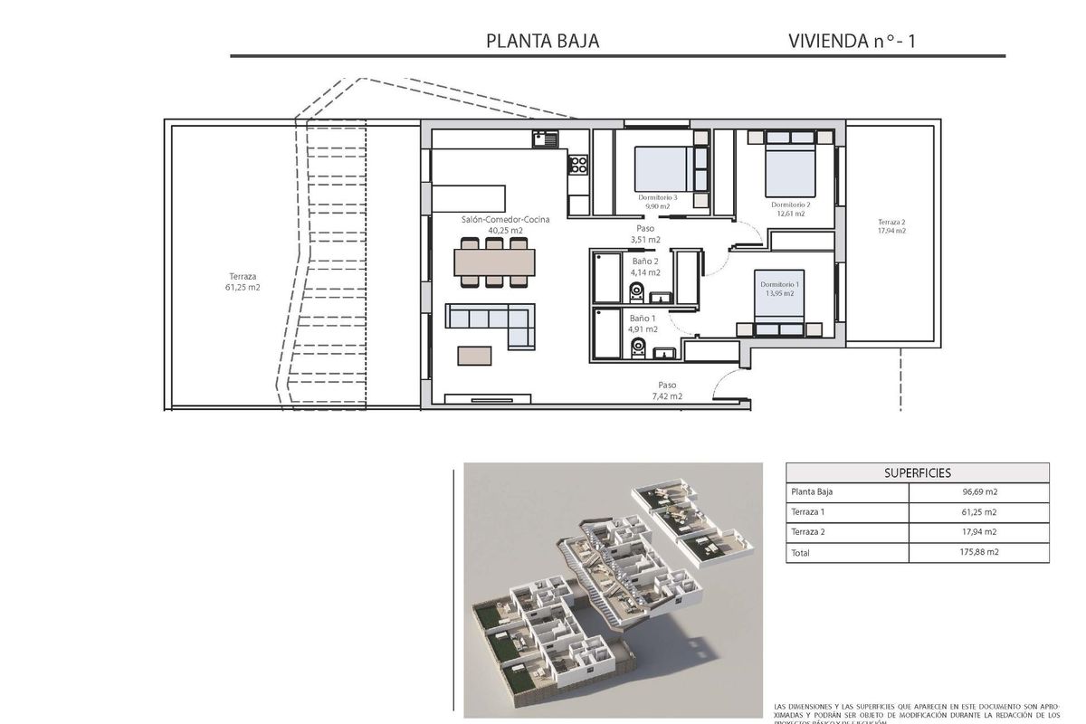 Plattegrond van een 3-slaapkamer appartement op de begane grond, met de indeling in Finestrat, Costa Blanca Noord.