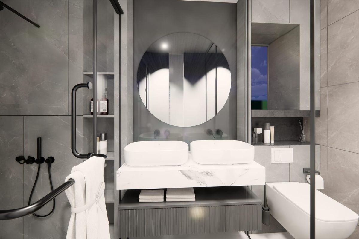 Stijlvolle badkamer met dubbele wastafel en modern interieur in een 3-slaapkamer villa in Pilar de La Horadada.