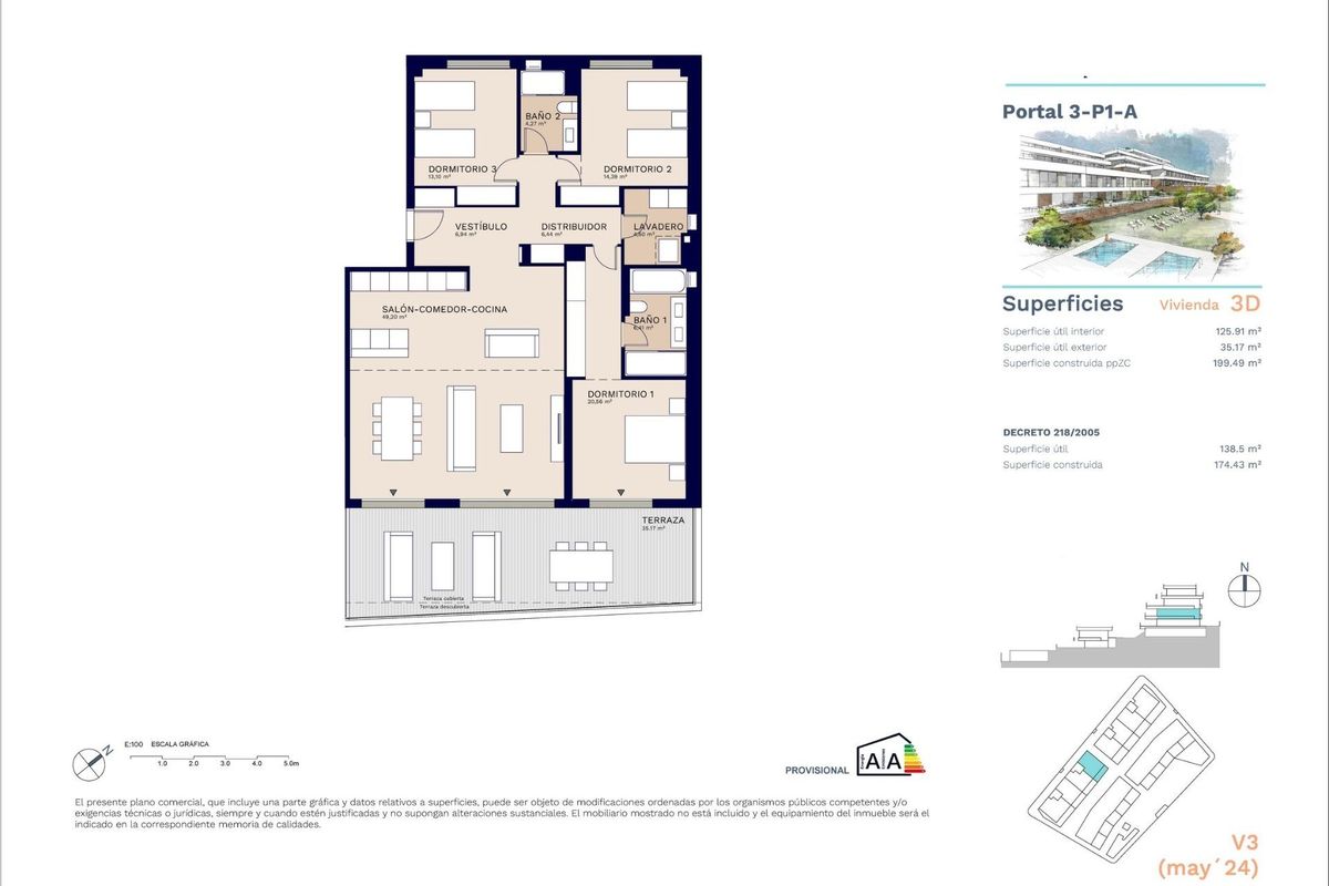 Plattegrond van een 3-slaapkamer appartement die de indeling en ruimtelijk ontwerp in Estepona benadrukt.