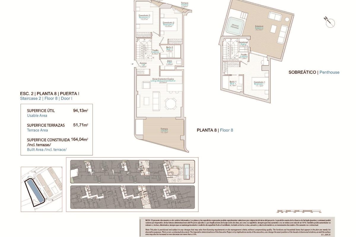 Plattegrond van een ruime 3-slaapkamer penthouse indeling in Villajoyosa, Costa Blanca, met woonruimtes.