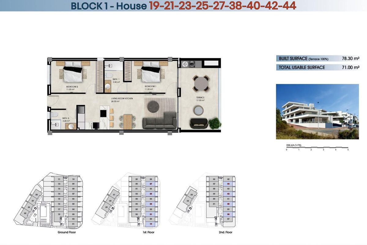 Vloerplan van penthouse met 2 slaapkamers in La Marina, met indeling van woonruimte, keuken en 2 slaapkamers.