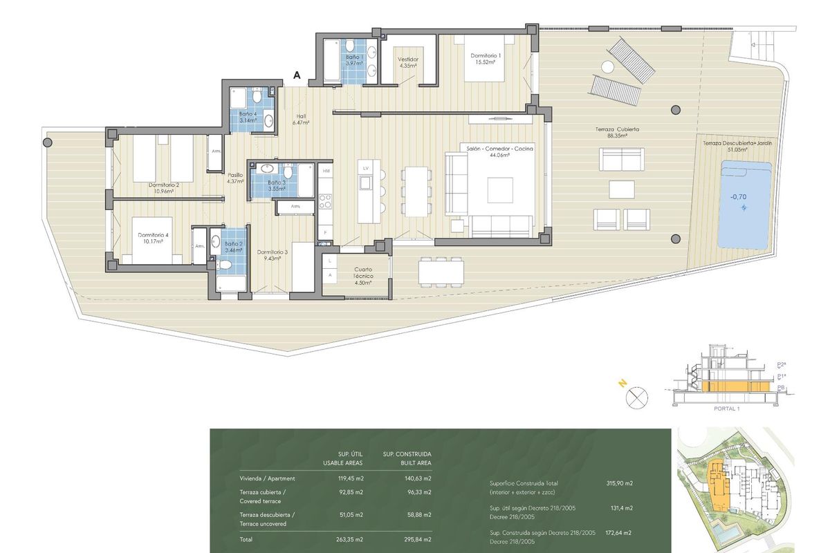 Plattegrond van een 4-slaapkamer appartement in Marbella, met ruime woonruimtes en voorzieningen.