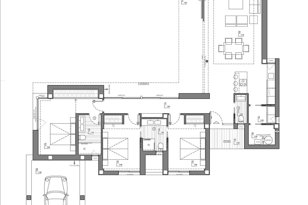 Plattegrond van een 3-slaapkamer villa in Benitachell, Costa Blanca Noord, met indeling en afmetingen.