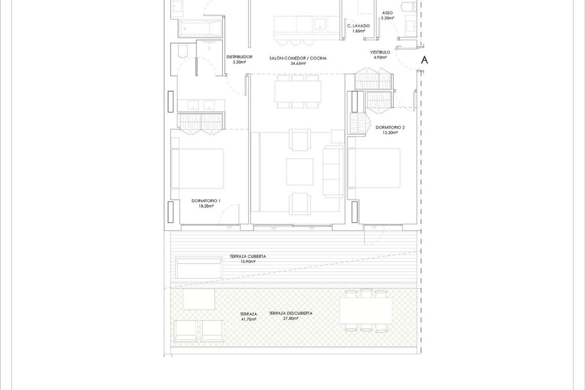 Plattegrond van een 3-slaapkamer appartement op de begane grond in Manilva, met woonruimtes en slaapkamers.