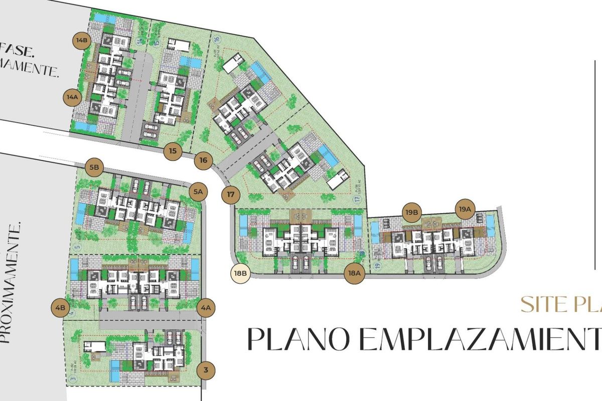Site plan of a 2-bed townhouse development in El Campello, showing various layouts and green spaces.