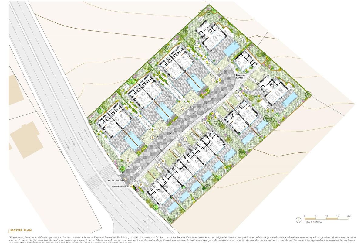 Hoofdindeling van een woningcomplex in Mijas, Costa del Sol, met meerdere 4-slaapkamer townhouses en zwembaden.