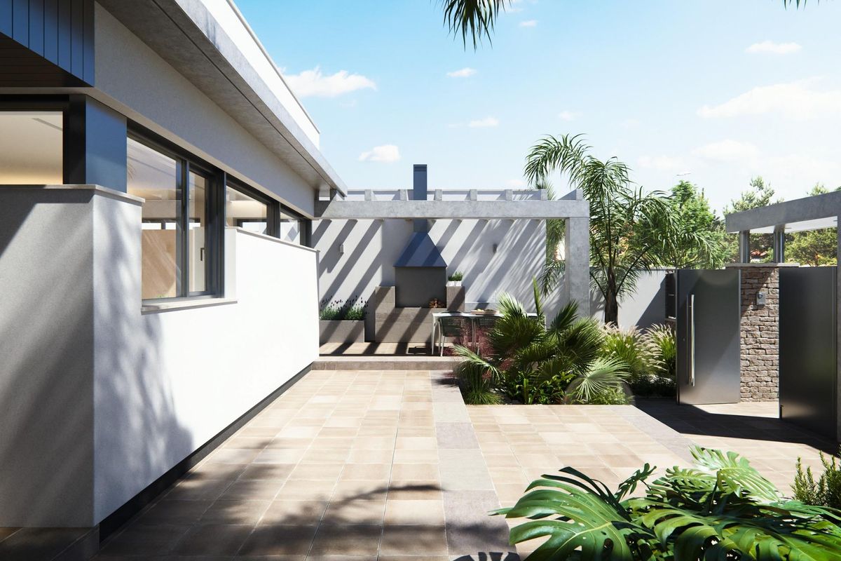 Moderne 3-slaapkamer villa binnenplaats in San Javier met strakke architectuur en tropische beplanting