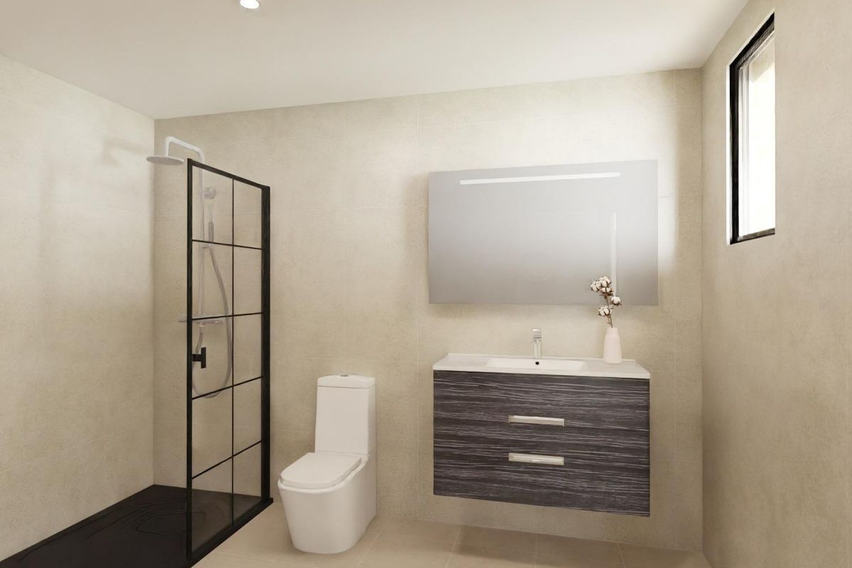 Modern bathroom featuring a glass shower and contemporary fixtures in a villa located in Monforte del Cid, Costa Blanca South.
