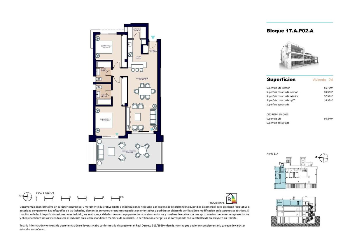 Plattegrond van een 2-slaapkamer appartement, met indeling en afmetingen in Estepona, Costa del Sol.