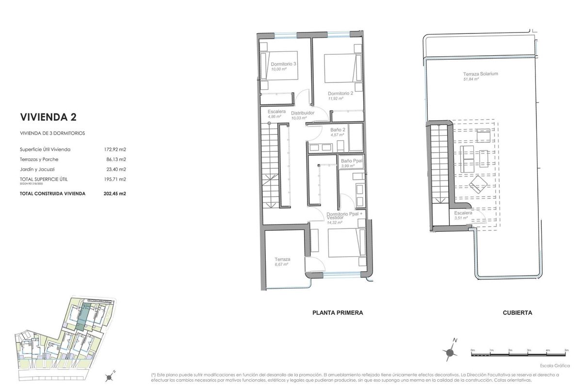 Plattegrond van de eerste verdieping voor een 3-slaapkamer townhouse in Mojacar, met kamerindeling en balkons.