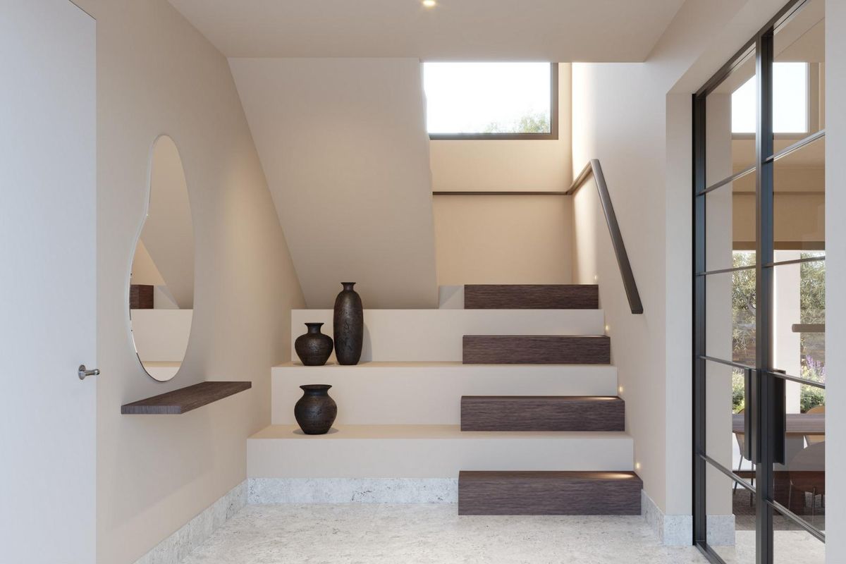 Elegante entree in de 3-slaapkamer villa in Mojacar, met trappen en decoratieve accenten.