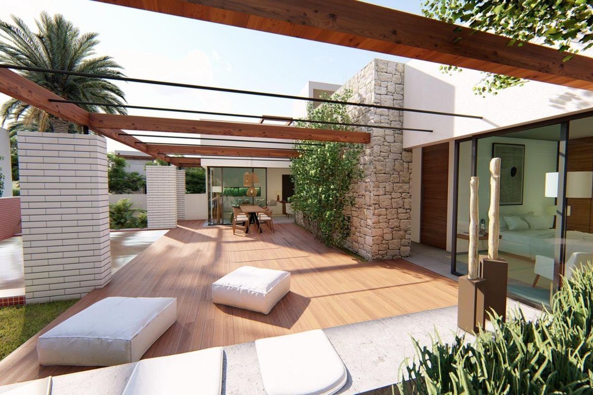 Hedendaagse buitenruimte van een villa in Torre Pacheco, ideaal voor ontspanning naast het zwembad.