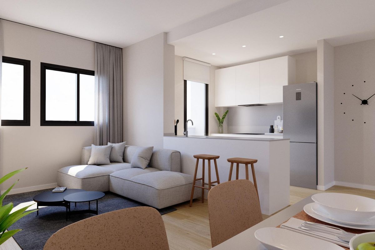 Gezellige woonkamer en keuken in een modern 2-slaapkamer appartement in Algorfa, Costa Blanca Zuid.