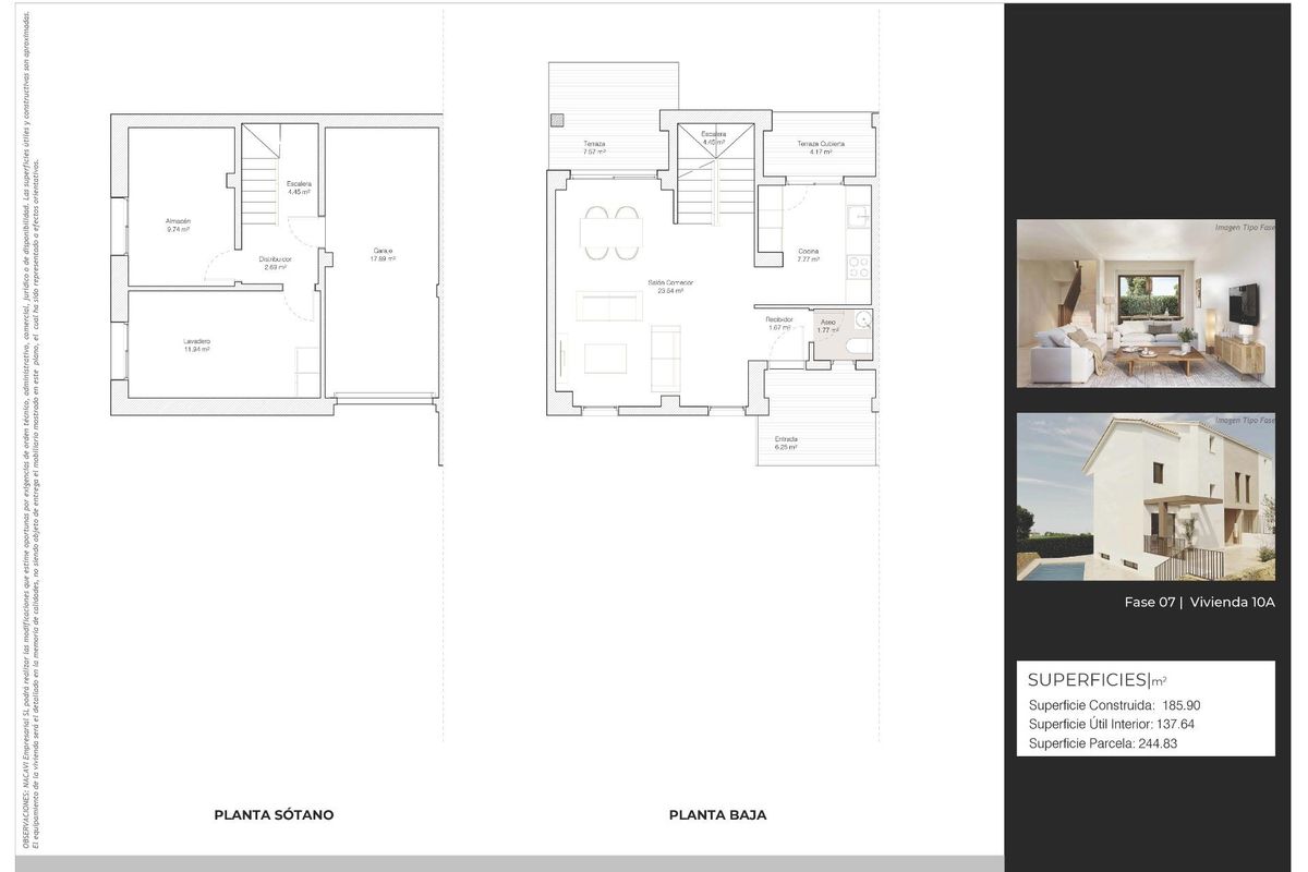 Plattegrond van een 3-slaapkamer townhouse in La Nucia, Costa Blanca Noord, Spanje, met kelder en eerste verdieping.