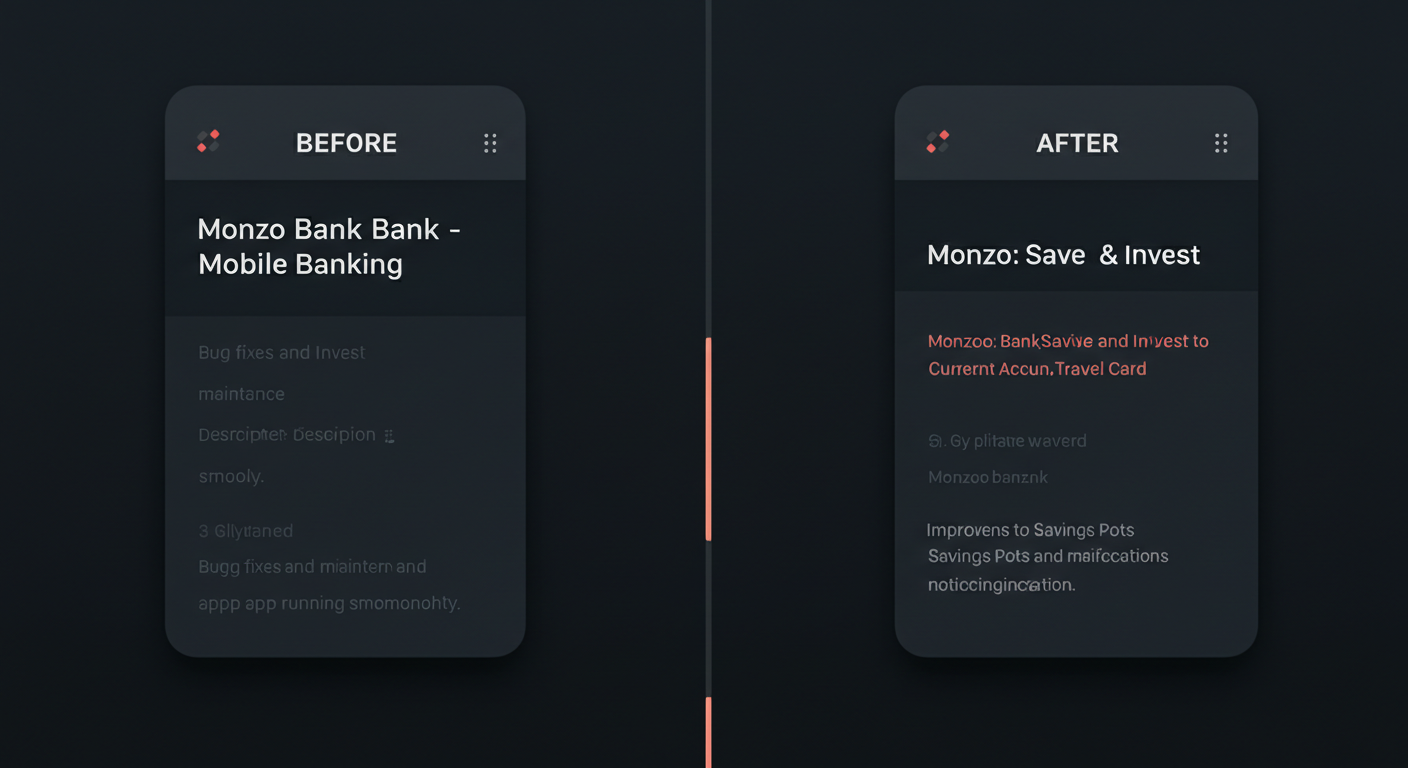 Before and after comparison of Monzo App Store listing, showing revised title, subtitle and release note copy produced using the Appnalysis and Claude ASO workflow.