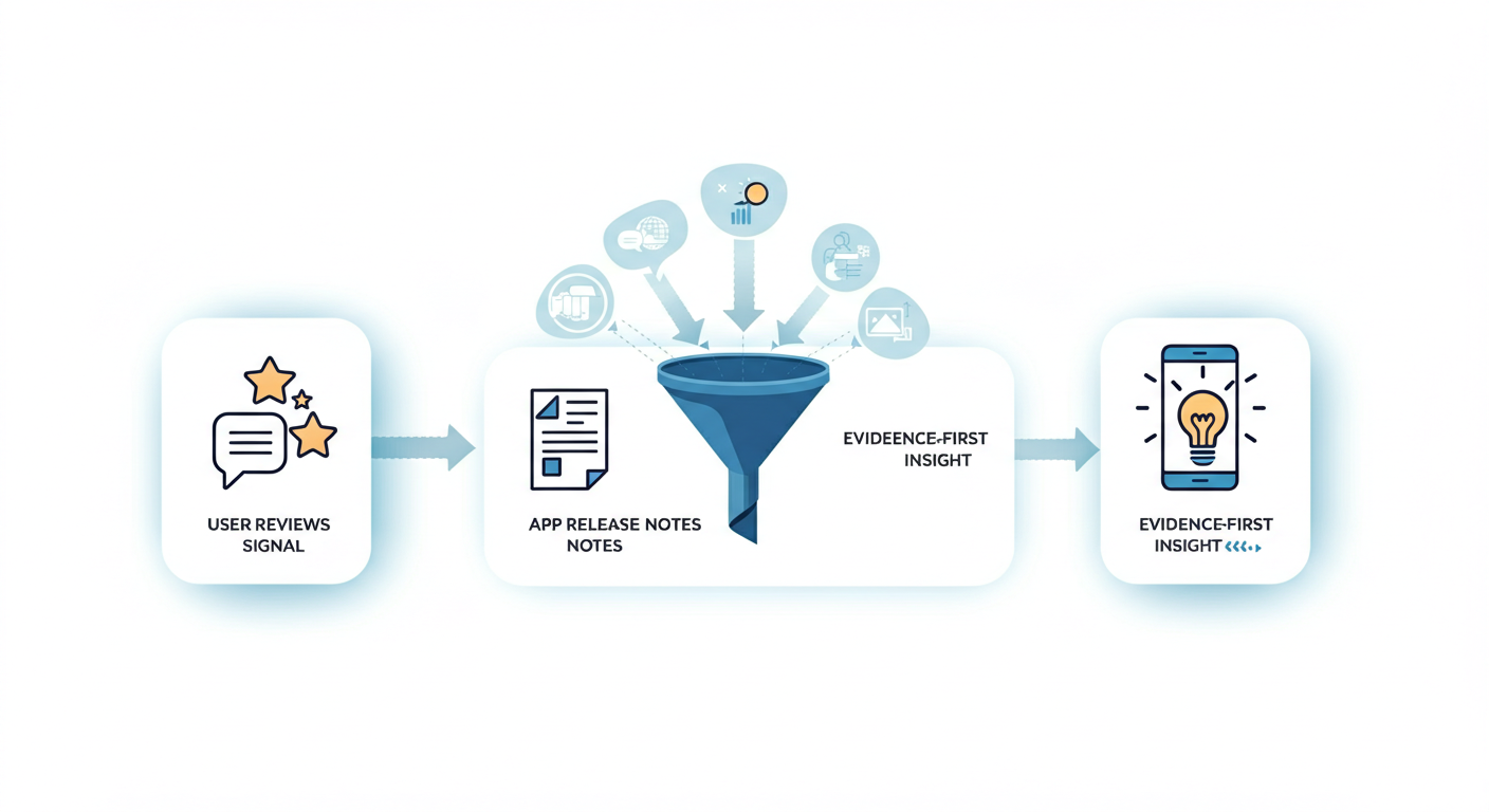Three-stage workflow diagram showing user reviews and app release notes feeding into an evidence-first insight funnel to produce actionable mobile app intelligence