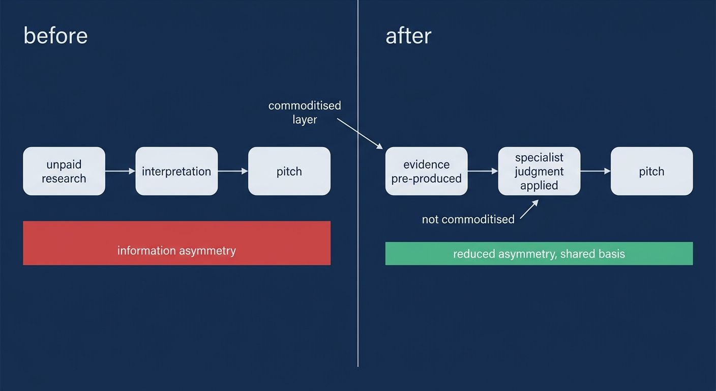before-and-after diagram of pitch economics, with unpaid research and interpretation collapsing into shared evidence plus specialist judgment
