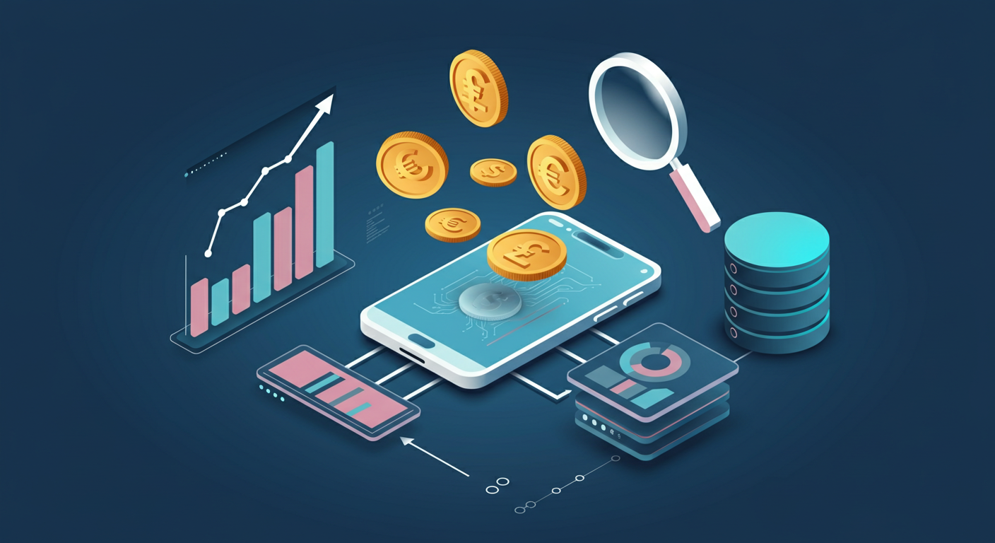 Isometric illustration of a mobile analytics tool stack showing a smartphone, magnifying glass, bar charts, and a database cylinder, representing how web-centric and app-level intelligence tools complement each other