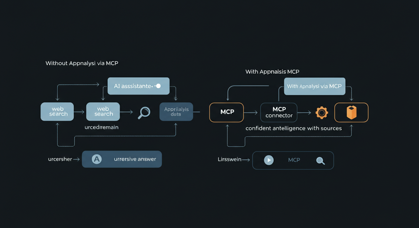 Flow diagram comparing AI without Appnalysis (partial data, uncertain answer) versus AI with Appnalysis via MCP (structured intelligence, confident answer with sources)