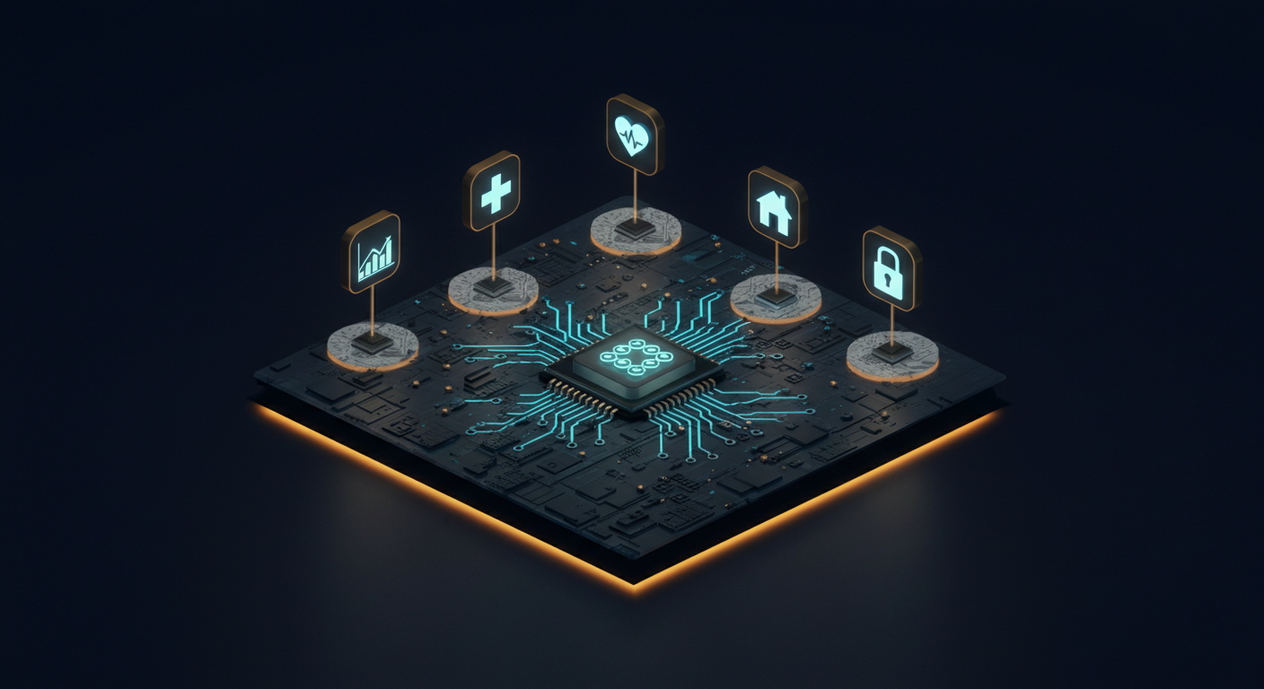 Isometric illustration of mobile software embedded in critical infrastructure: finance, healthcare, transport, and home security apps connected by glowing circuit lines above a city grid