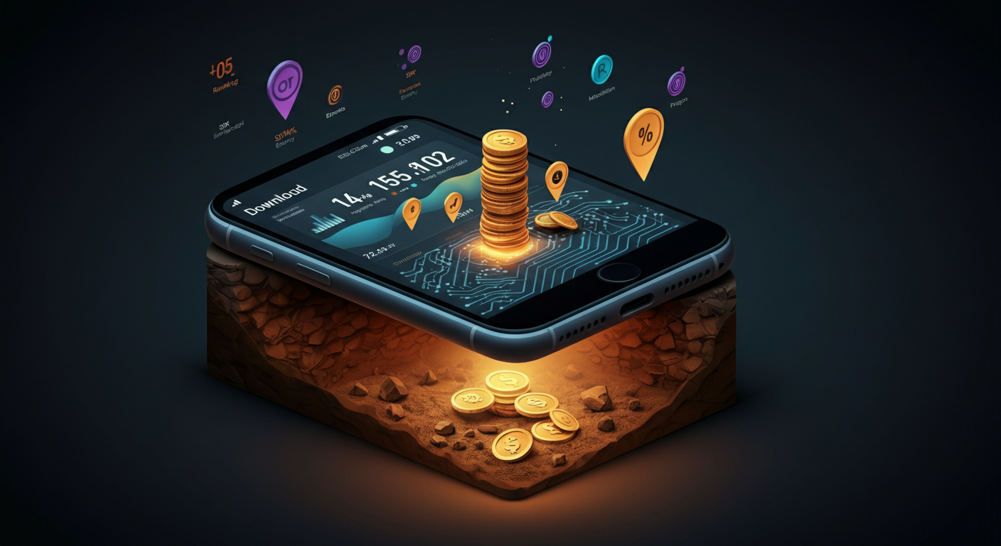 A cross-section of a mobile app revealing hidden product intelligence layers beneath surface metrics: SDK data, release patterns, and market strategy