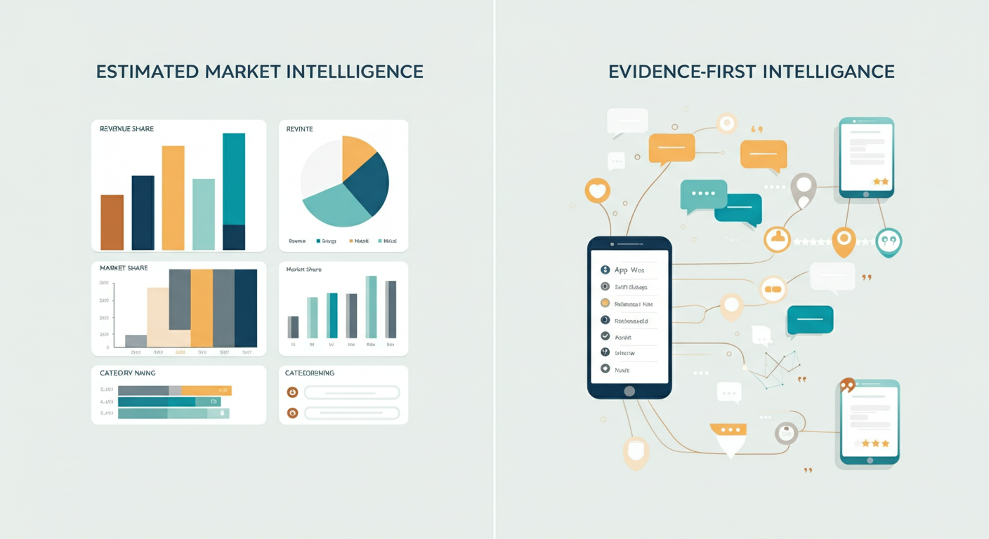 Split-screen infographic comparing estimated market intelligence (download, revenue, and market share charts) on the left with evidence-first intelligence (a network diagram of user signals, reviews, and in-app data sources) on the right