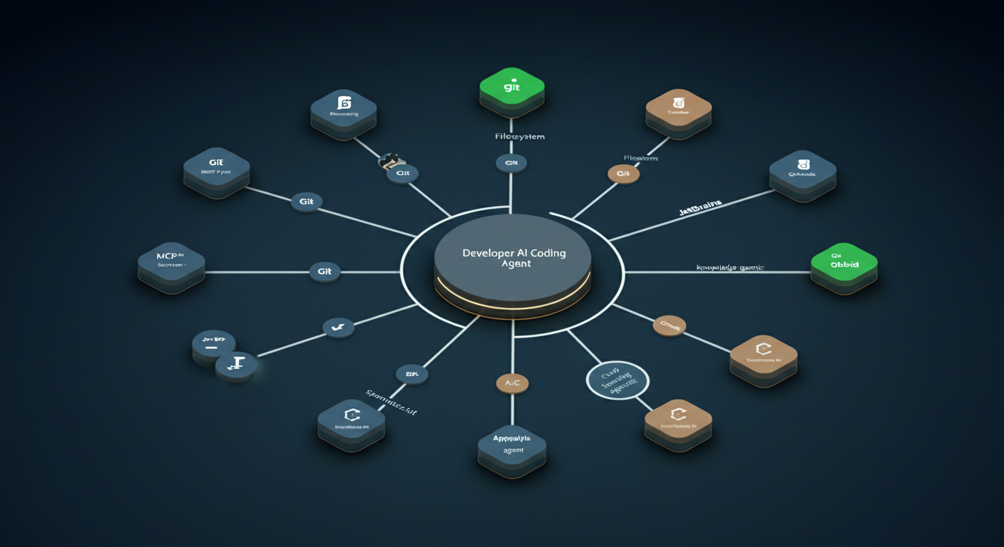 Diagram of a developer's AI coding agent at the centre calling multiple specialist MCP servers, with Appnalysis as the knowledge-domain specialist.