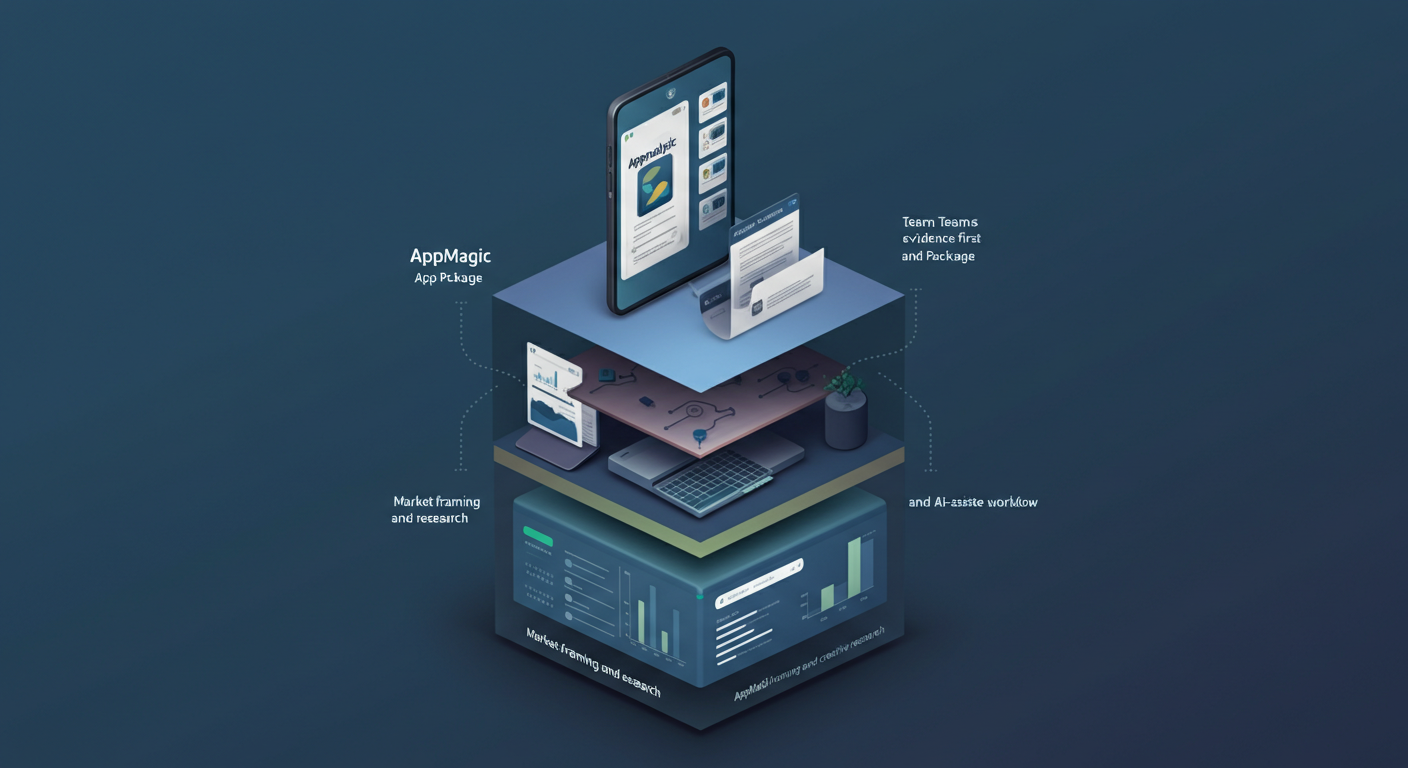 Layered isometric diagram showing AppMagic covering market framing and creative research at the base, with Appnalysis handling AI-assisted, evidence-first workflows in the upper layers.