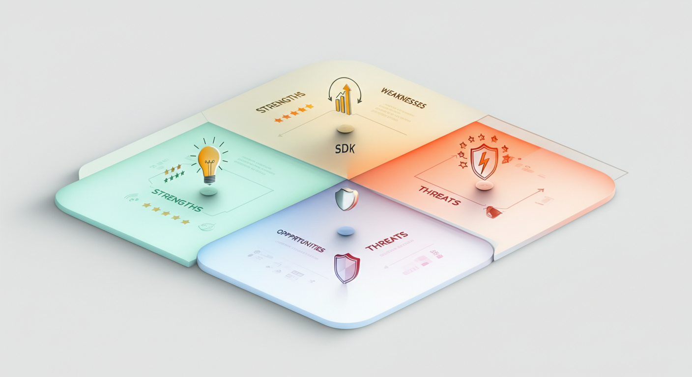 Evidence-based SWOT matrix showing how mobile app intelligence signals map to competitor strengths, weaknesses, opportunities, and threats across four quadrants