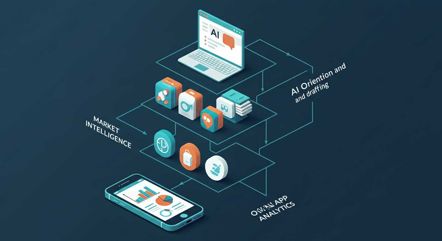 Three-layer stack diagram with own app analytics at the bottom, market intelligence in the middle, and an AI chat interface connecting to both above.