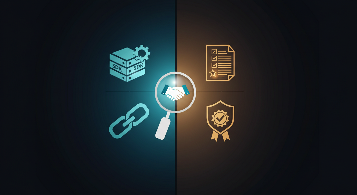 Technical architecture icons in teal on the left, faded legal architecture icons in amber on the right, a magnifying glass at centre revealing the legal side.