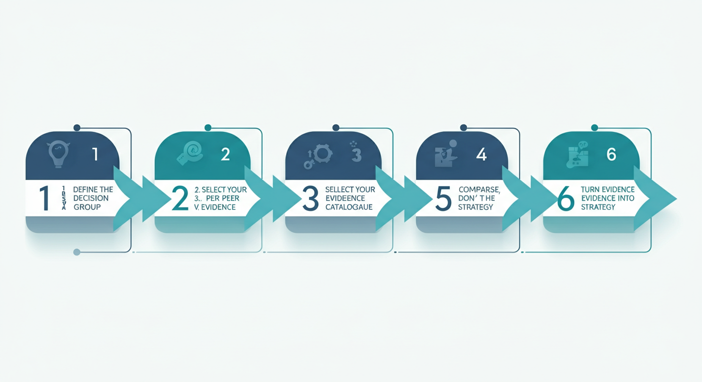 Six-step mobile app competitor analysis framework flowing from defining the decision through selecting peers, collecting evidence, comparing, turning evidence into strategy, and repeating continuously